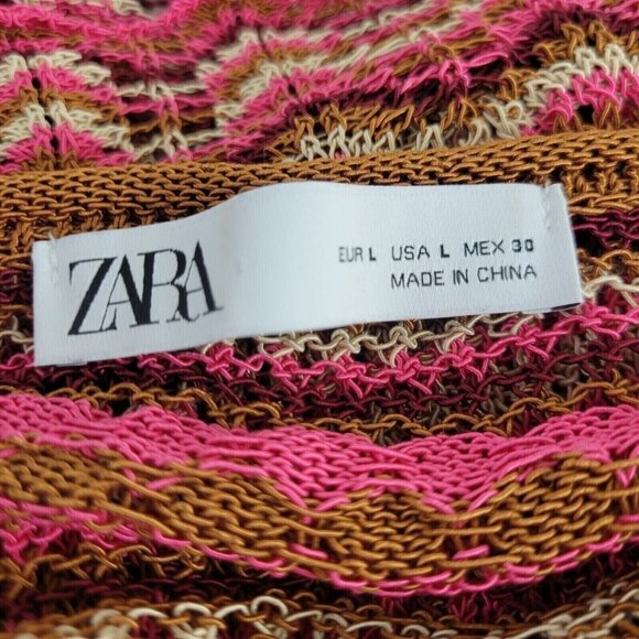 Zara Cropped Knit Sweater Women Size Large Pink Stripes Scallop Hem Boho Hippie - Picture 11 of 11